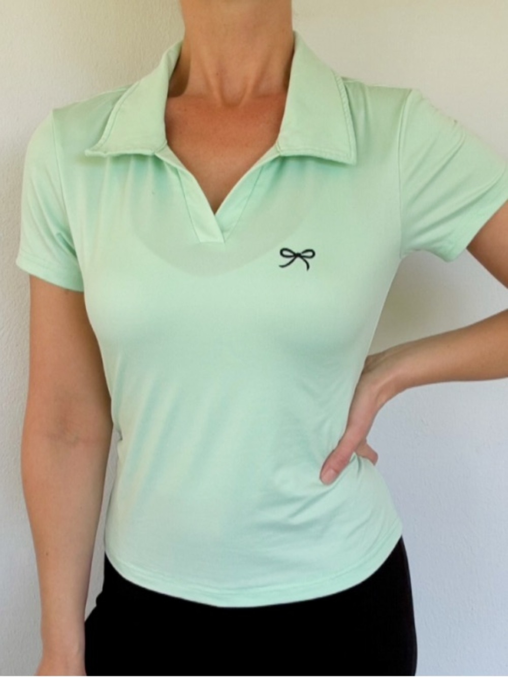 SHEIN mint green bow logo short sleeve ruched side polo shirt size medium